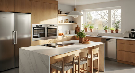 Modern kitchen island with chairs and stainless steel appliances natural light