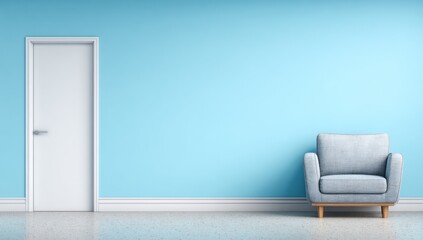A minimal interior scene featuring a closed white door, an armchair, and a blue wall