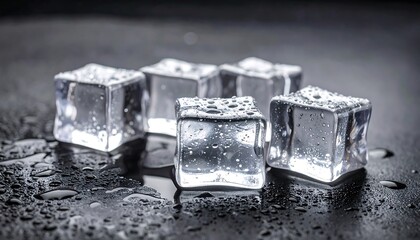 Transparent ice cubes on a dark surface with water droplets