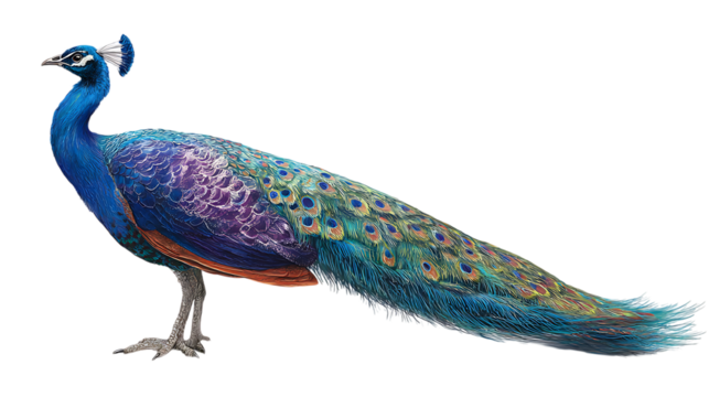 A colorful peacock isolated on transparent background, displaying its iridescent feathers - Powered by Adobe