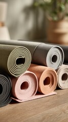 Colorful Rolled Yoga Mats Displayed On Wooden Surface