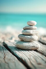 Balanced Stack Of Light Stones On Wooden Plank By Turquoise Sea