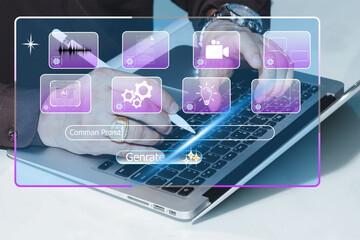 Generative AI interface concept. Hand tuch pen interacting with virtual command prompt and generate button on laptop. Digital content creation, artificial intelligence technology and automation tool.