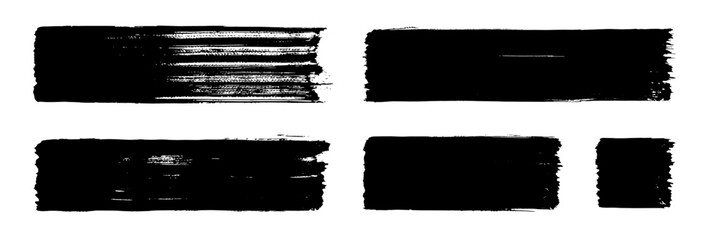 Straight brush paint stroke vector set. Painted text boxes, banner frames. Rough ink swatches, dry brush shapes. Grunge texture strips. Hand-drawn black textbox bg. Distressed letterpress bg