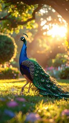 Obraz premium Vibrant Peacock Displaying Plumage in Sunny Garden Setting with Green Grass and Golden Light in Afternoon Glow