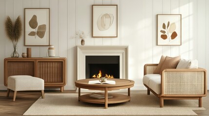 Fototapeta premium Beige and wood living room with fireplace