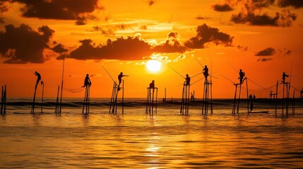 Fototapeta premium Silhouette fishermen at sunset