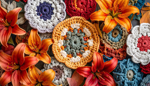 Autumnal warm motifs and vibrant patterns in crochet, texture that creates a feeling of warmth, craftsmanship and coziness, hand-crafted