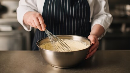 A chef mixes batter in a metal bowl using a whisk, showcasing culinary skills in a contemporary kitchen setting.
