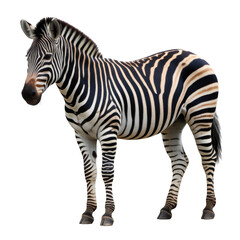 Realistic zebra with black and white stripes standing on a black background isolated on a transparent background
