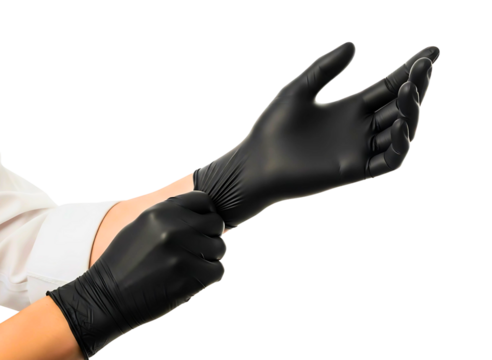Hand putting on black nitrile glove isolated on transparent background