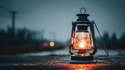 Vintage lantern glowing warmly in a foggy evening street, creating a serene and enchanting atmosphere in dim light