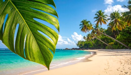 Tropical beach scene with a large green leaf in the foreground