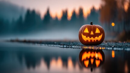 Glowing Halloween Pumpkin at Dusk Reflected in Calm Water with Autumn Trees in Background and Mist Surrounding the Scene