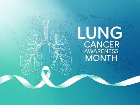 Lung cancer awareness month campaign featuring anatomical lungs and a white ribbon on a gradient background - Powered by Adobe