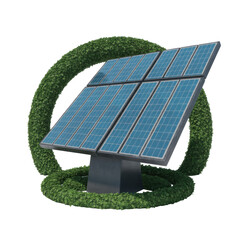 Solar panel array surrounded by green foliage in a circular shape isolated on a transparent background