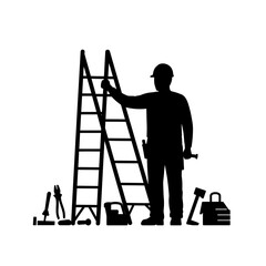 A construction worker silhouette stands beside a ladder with tools arranged at the base, symbolizing labor and building.