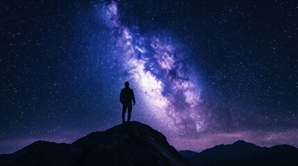 Fototapeta premium A solitary figure stands on a mountaintop, gazing at a vibrant Milky Way galaxy