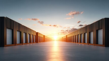 Serene Sunset Over Rows of Storage Units in an Industrial Setting with Clear Sky and Vibrant Colors