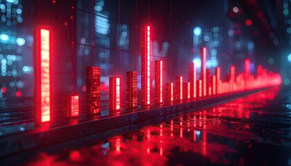 Vibrant Red Bar Graph Displayed on a Wet Street with City Bokeh Lights Background and Digital Tech Futuristic Ambiance