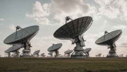 Array of large satellite dishes in a field