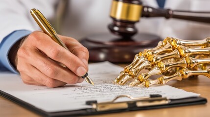 Legal Agreement Signing with Gavel, Gold Pen, and Decorative Bone Hand on a Desk in Professional Office Setting