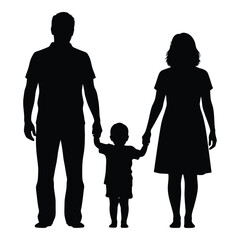 Silhouette of a loving family parents holding hands with a young child between them posing together silhouette