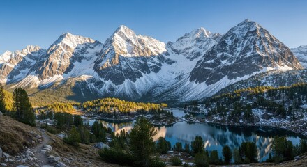 Mountain range landscape with snow-capped peaks and lake