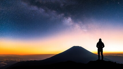 Obraz premium Silhouetted figure on mountain peak at sunrise, Milky Way