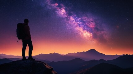 Obraz premium Silhouette of hiker gazing at milky way over mountain range