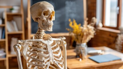 Life-Like Human Skeleton Model Displayed in a Bright Classroom with Wooden Furniture and Educational Supplies in the Background