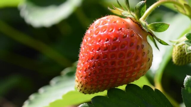 Ripe garden strawberry awaiting harvest surrounded by green leaves