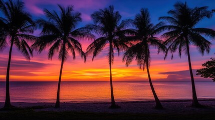Obraz premium Silhouetted palm trees at sunset over a beach