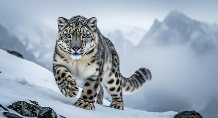 Majestic snow leopard strides confidently across snowy peaks, a beautiful blend of power and grace in a wild, winter landscape, breathtaking wildlife