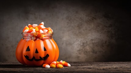 Halloween Pumpkin Jar Filled with Colorful Candy Corn for Spooky Festive Celebration and Autumn Decorations