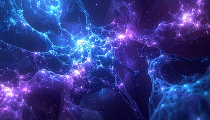 Vibrant abstract cosmic network with glowing blue and purple energy filaments, depicting data flow or neural connections in a futuristic digital space
