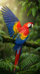 Stunning scarlet macaw perched on mossy branch, wings outstretched, vibrant plumage in lush rainforest setting, exotic wildlife, tropical beauty