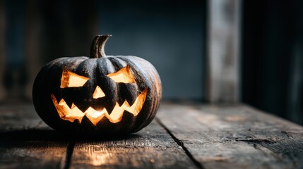 Spooky Halloween pumpkin with carved face glowing in the dark on rustic wooden table creating an eerie autumn atmosphere