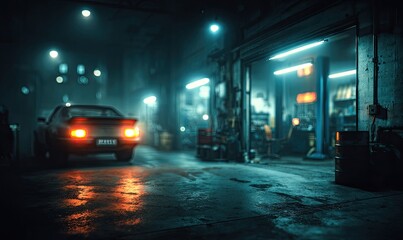 Nighttime garage scene, misty alley