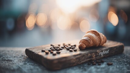 Freshly Baked Croissant on Wooden Platter with Coffee Beans Against Soft Focus Background of Cafe Atmosphere at Sunrise