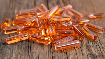 Amber capsule supplement vitamin glossy transparent pile wooden surface macro closeup health