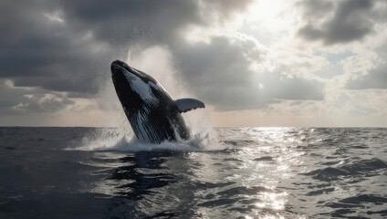 Fototapeta premium Humpback whale leaping in ocean