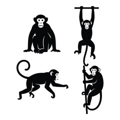 Four silhouette monkeys various poses jungle animals creative design elements silhouette