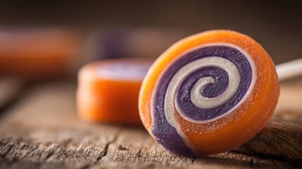 Colorful swirled lollipop candy on rustic wooden background, vibrant sweet treat for kids and adults, cheerful dessert concept