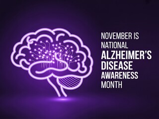 Purple neon brain illustration for national alzheimer s disease awareness month in november