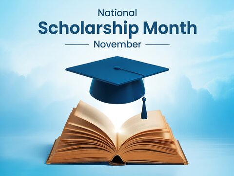 Celebrate national scholarship month in november with a graduation cap atop an open book - Powered by Adobe