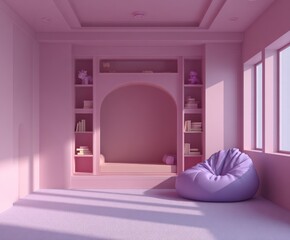 Monochromatic pink room with arched alcove seating, bookshelves, and a beanbag