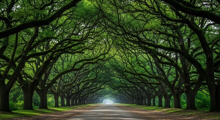 Fototapeta premium Scenic tree lined road under a canopy of green oak trees