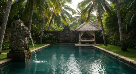 Tranquil pool with statue and gazebo under palm trees in tropical setting