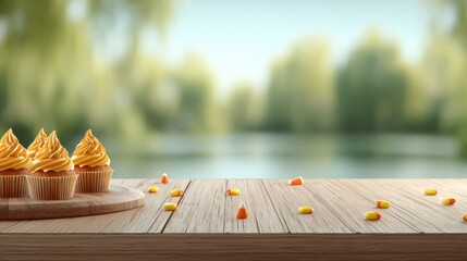 Delicious cupcakes with orange frosting on wooden table near calm lake and green trees in soft focus during sunny day